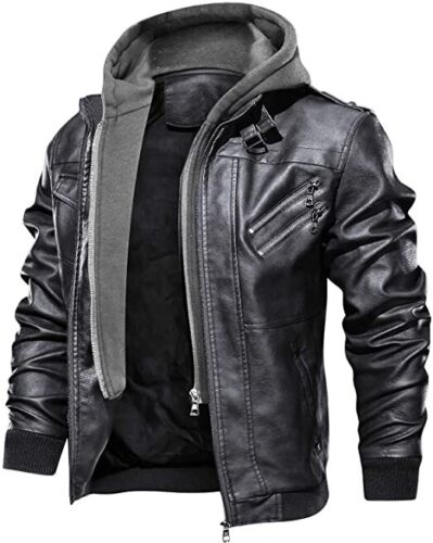 Vintage Bomber Hoodie with Removable Hood Men's Motorcycle Leather Jacket - Picture 1 of 8