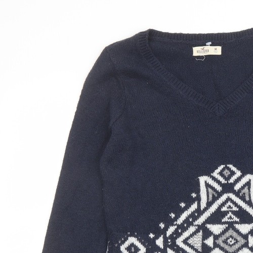 Hollister Womens Blue V-Neck Cotton Blend Jumper Size M - Print - Picture 6 of 10