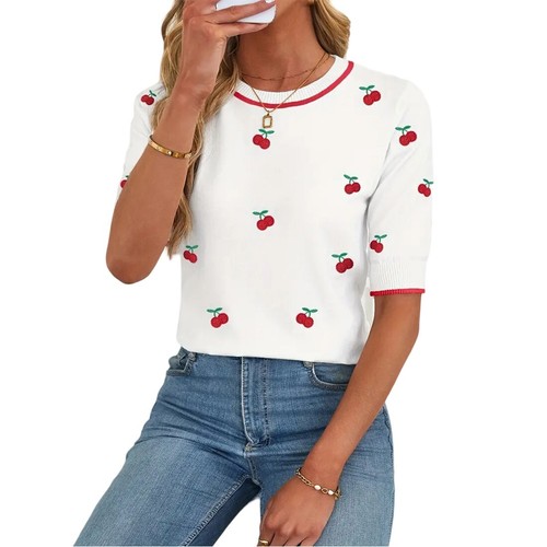 Womens Floral Embroidered Pullover Crew Neck Sweatshirt Stretchy Cherry Sweater - Picture 21 of 32