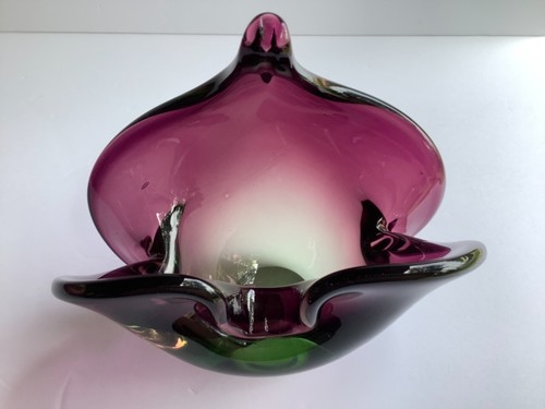 Cenicero vintage Artístico Vidrio Almeja Plato Púrpura Ámbar Verde Remolino Atrapa Todo - Imagen 12 de 12