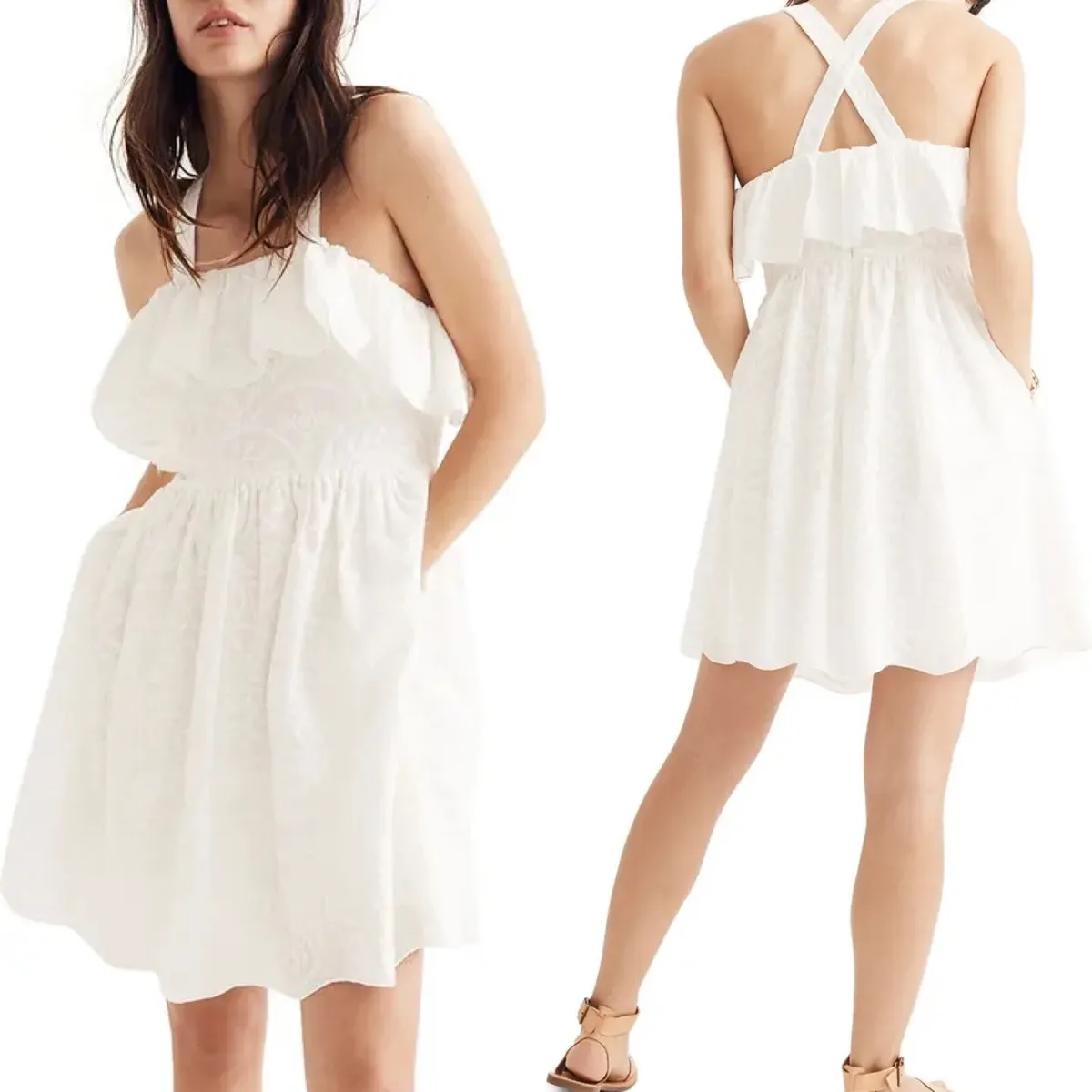 NWOT Madewell White Embroidered Apron Ruffle Dress Size 10 Mini Sundress  Cross | eBay