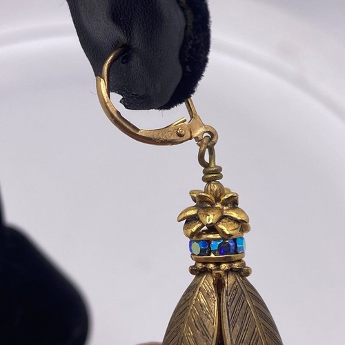 Art Nouveau style 14KGF Earrings With Sapphire Blue faceted Glass drops - Picture 7 of 9