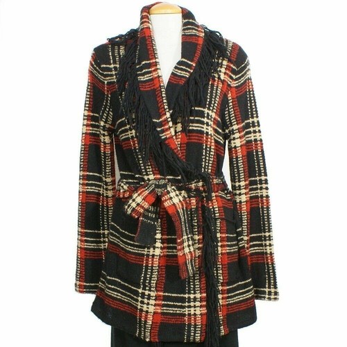 RALPH LAUREN Black Plaid Wool Blend Long Fringe Belted Cardigan L - Picture 1 of 3
