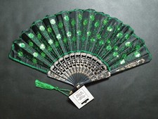 Green Fabric Folding Hand held Fan with Sparkles Flowers Size 9x16 Inch