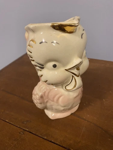 Vintage 6” Shawnee American Bisque Pottery Pink Gold Chicken Pitcher Great Shape