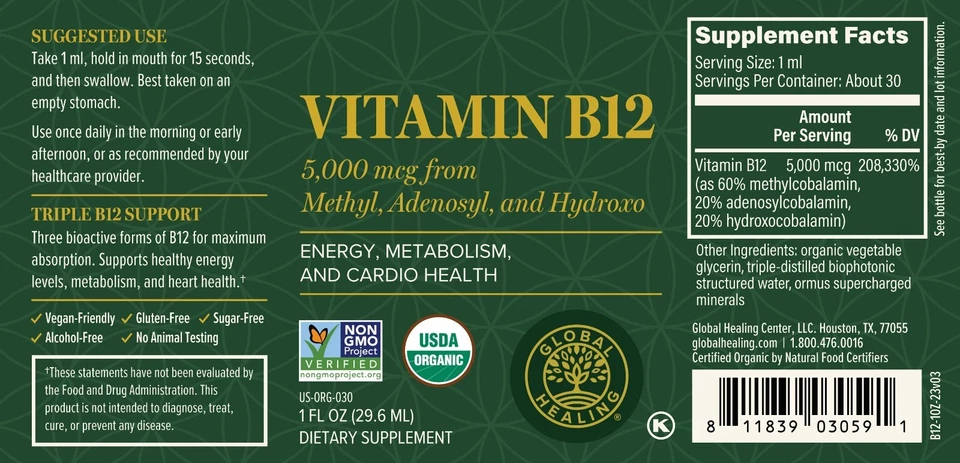 Vitamin B12, 5000 mcg, 3-in-1 Organic Liquid Vitamin B12, 60-Day Supply (2 Oz) - Image 3 of 4