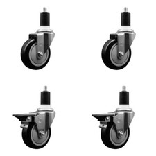 4 Inch Black Poly Wheel Swivel 1-1/2 Inch Expanding Stem Caster Set 2 Brakes SCC