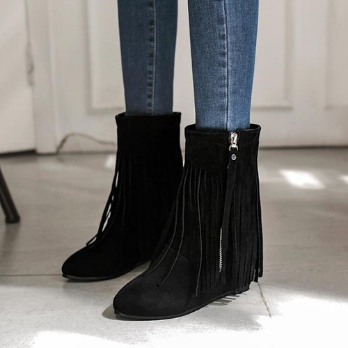 Womens Hidden Wedge Heels Fringe Boots Bootie Vintage Faux Suede Tassel Boots - Picture 1 of 14