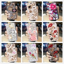 Women PU Leather Rose Rhinestone Glitter Bling Card Wallet Crossbody Phone Case