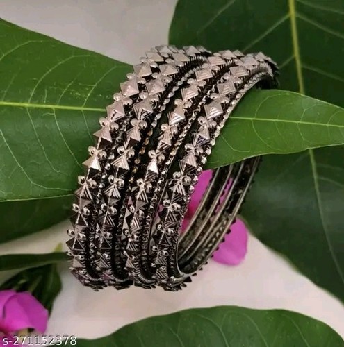 Traditional Brass Silver Oxidized Bangle Gift For Her Kada Bridal 2Pcs Kada - Picture 1 of 4