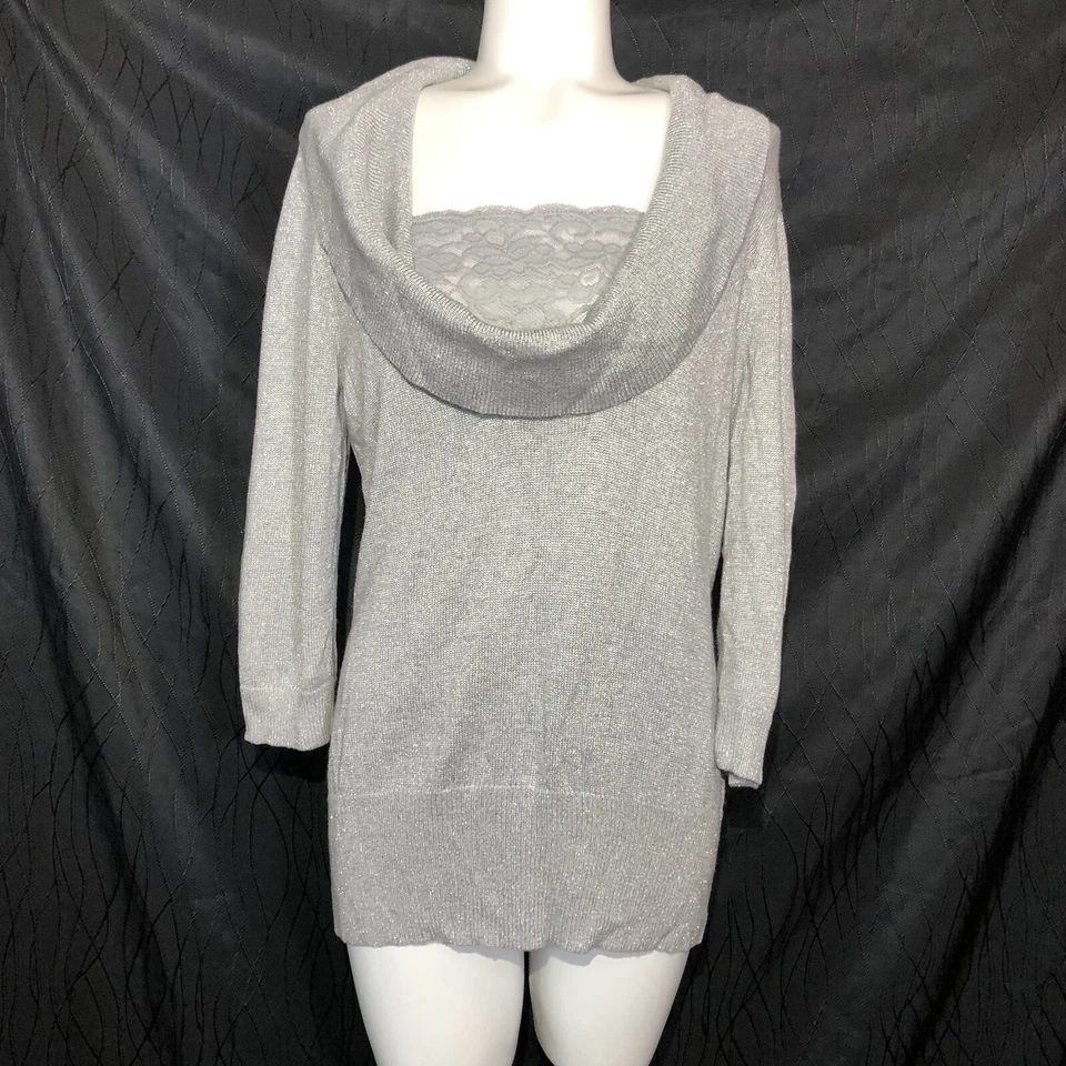 Suéter Alfani feminino capuz gola tartaruga cinza claro metálico viscose grande - Imagem 2 de 4