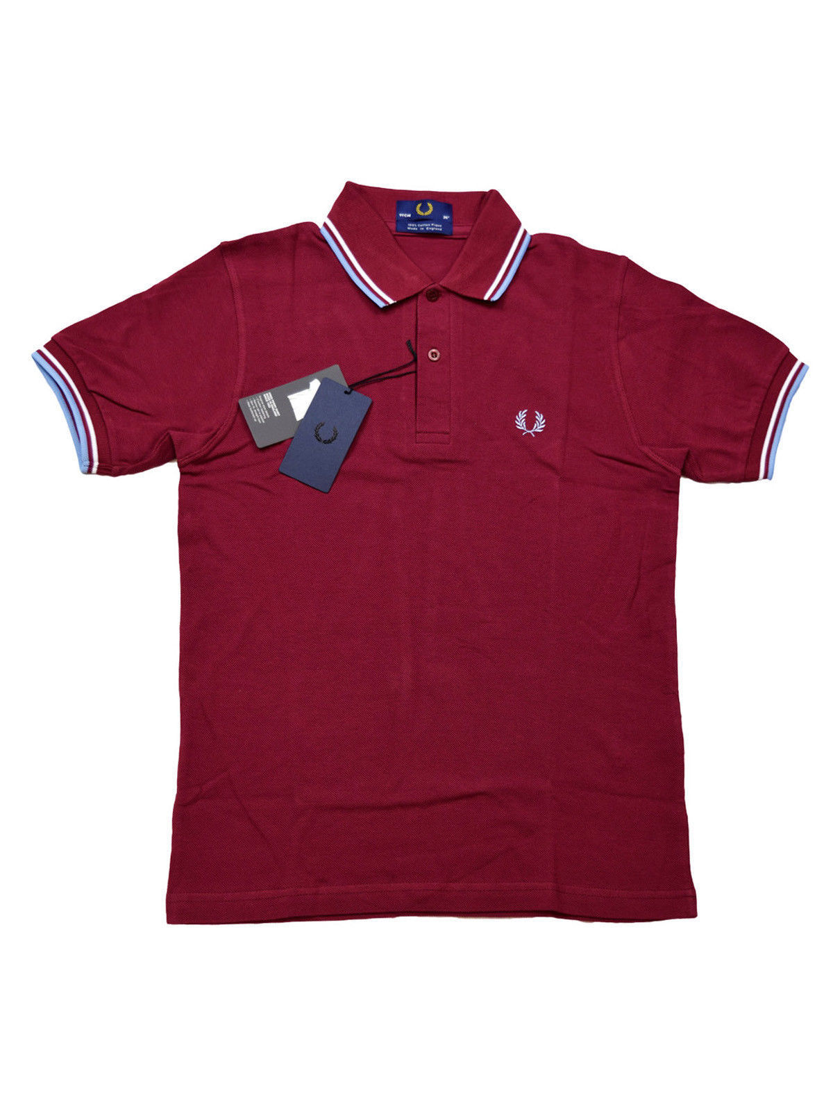 Fred Perry Polo Shirt M12 106 Made In England Bordeaux white Hellblue 5444 Fred Perry Polo Shirt M12 106 Made In England Bordeaux white Hellblue 5444