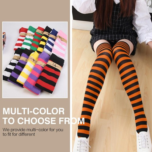 Women's Extra Long Opaque Striped Over Knee High Stockings Socks-Black/Orange... - Picture 5 of 8