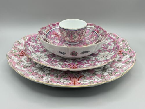 Vintage Hand Painted Chinese Porcelain 5pc Setting Plates Cup Bowl Pink Floral
