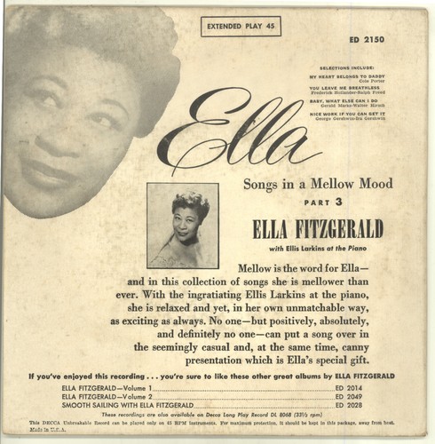 ELLA FITZGERALD 45RPM EP w/ PC Decca ED2150 SONGS IN MELLOW MOOD #3 - 4 Songs - Picture 2 of 2