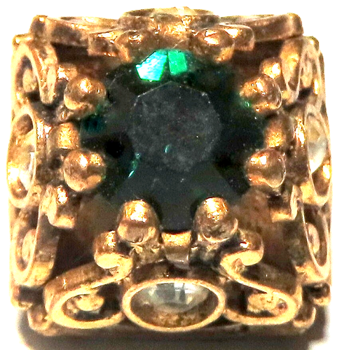 ELEGANT ANTIQUE FRENCH PIERCED GILT BRASS BUTTON w/EMERALD & DIAMOND PASTE GLASS - Picture 3 of 5