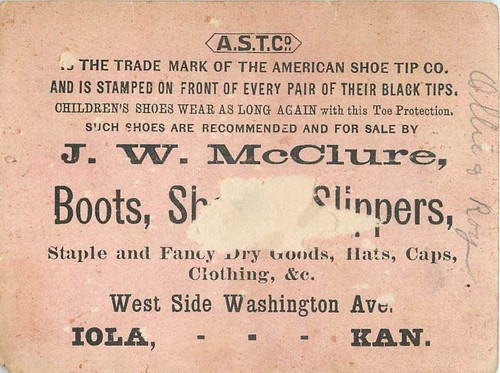 American Shoe Tip Co Antique Victorian Trade Card J.W. McClure Shoes Iola Kansas - Picture 2 of 2