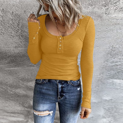 Lady Long Sleeve Henley T Shirt Button Slim Fit Top Scoop Neck Ribbed Knit Shirt - Picture 81 of 81