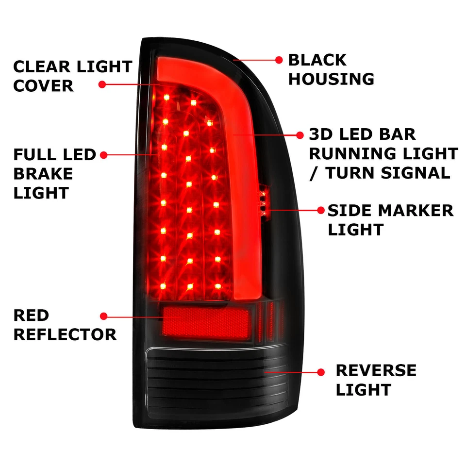 HECASA LED Tube Tail Lights Black Lamps Left+Right For Toyota Tacoma 2005-2015 - Image 3 of 4