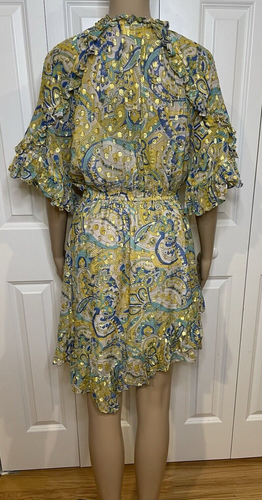 Shoshanna 6 Metallic Gold Multi Paisley Silk Ruffle Lined Giada Dress, No Belt - Picture 11 of 18