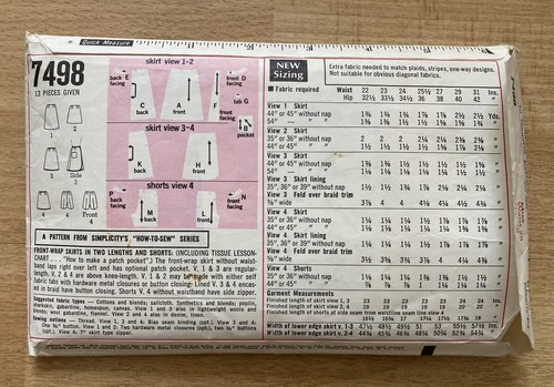 Simplicity 7498 Skirt & Shorts pattern.Waist 29 inches Hip 40”  Vintage 1968 - Bild 3 von 5