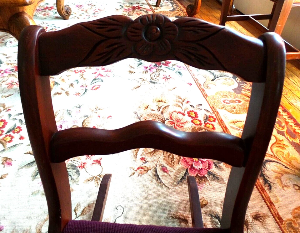Children's Vintage Duncan Phyfe Rose Mahogany Rocking Chair Needlepoint Seat - Image 2 of 4