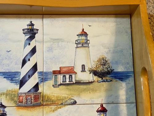 Wooden serving tray with 6 Ceramic Tiles of Painted Lighthouses w/handles Signed - Picture 6 of 13