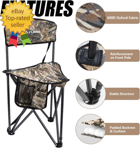 Hunting Chair Folding Tripod Stool Portable Fishing Chair with Backrest Outdoor - Afbeelding 4 van 7