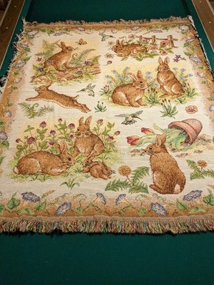 Vintage Crown Crafts Throw Blanket Bunny Rabbit Hummingbird Flowers 48''x60'' EUC