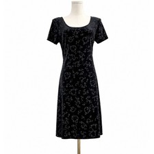 Vintage CDC 90s Black Velvet Floral Midi Dress 8 Whimsigoth Romantic Goth Y2K
