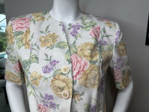 Oleg Cassini Vintage White Gray Rose Floral Women 2 Pc Suit Blazer & Skirt 8 / M - Picture 8 of 14