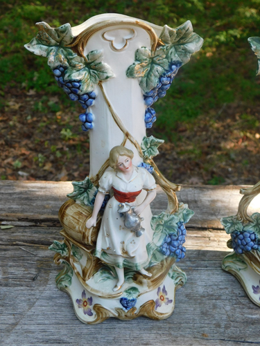 11" Antique Camille Naudot Dashing Man Woman Grapes Cask Porcelain French German - Picture 10 of 12