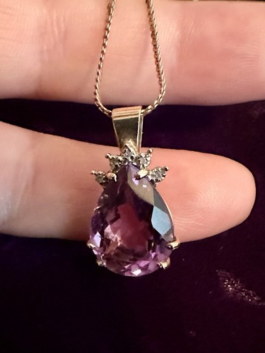 Vintage Pear Cut Amethyst and Diamond Statement Pendant Solid 10K Yellow Gold - Picture 10 of 13