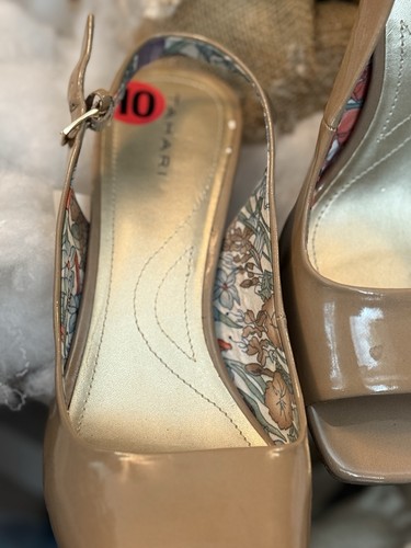 Tahari Peep Toe Sling Beige Heels Patent Leather Size 10 - Picture 3 of 11