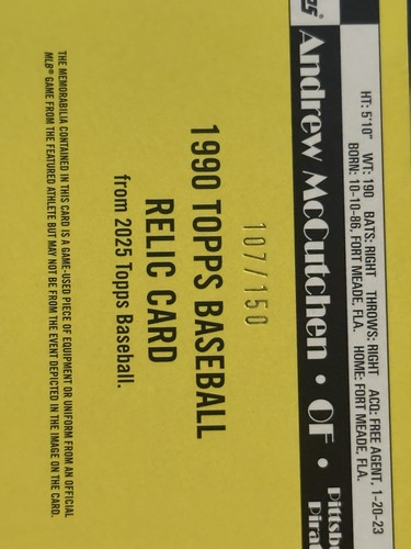 Actualización Topps 2025 Andrew McCutchen 1990 Topps Bat Relic Pirates AZUL/150 SP - Imagen 6 de 6