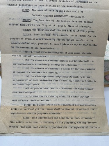 1912 State of Missouri Articles of Incorporation Colored Waiters Benevolent Assn - Imagen 7 de 12