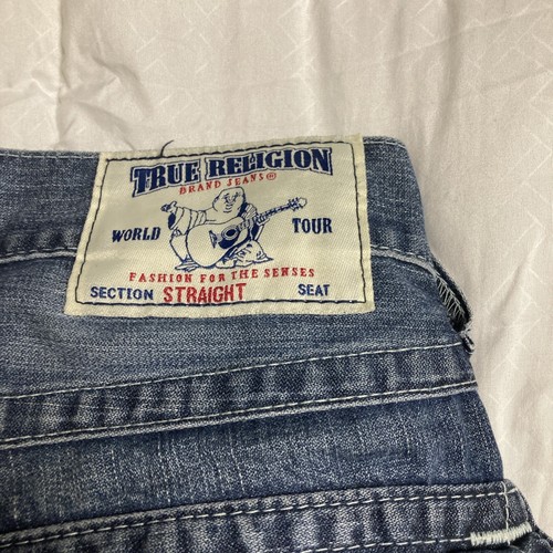 True Religion Jeans Straight 28x33 BlueDenim Flap Pocket Distressed White Stitch - Picture 7 of 8