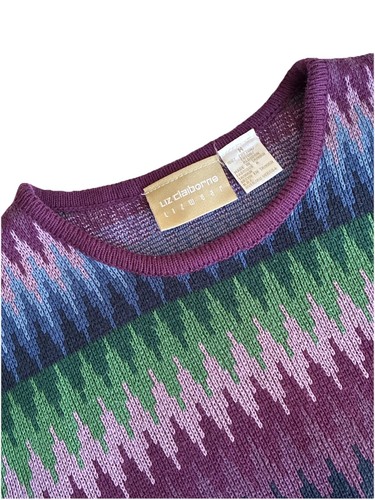 LIZ Claiborne 90's Lizwear Sweater Purple Blue Green Zigzag Abstract Stripe Sz M - Picture 6 of 15