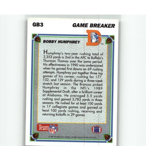 1991 Upper Deck Football Bobby Humphrey Game Breakers Hologram #GB3 Broncos - Picture 2 of 2