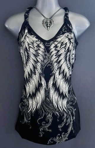 New Womens CRYSTAL BLACK BIKER ANGEL WINGS BRAIDED TANK TOP S M L XL 1X 2X 3X - Picture 1 of 4