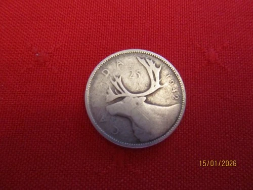 1942  Silver Twenty-Five Cents Coin  From Canada .  Condition VG