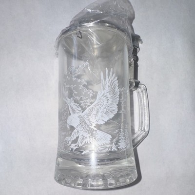 Avon American Eagle Tankard 16 fl oz Glass Pewter Lidded Beer Stein 1997 Etched