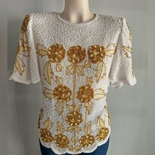 Vintage Silk Beaded Sequin Floral Top White Gold 80s Party Blouse Sz S formal