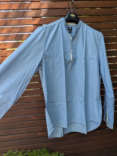 H&M Blue cotton Shirt Men's uk L Button Up Long Sleeve Collarless Chambray - Picture 2 of 9