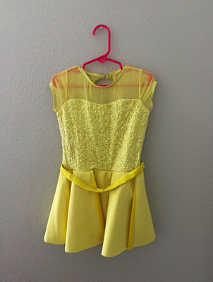 Weissman Girls Yellow Fit & Flare Mesh Sequin Dress Knee Length Stretch