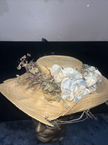Antico cappello di paglia tessuto edoardiano XIX secolo prateria mulino fiore inclinazione cappello - Foto 18 di 23