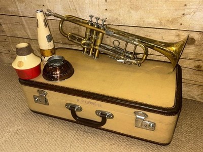 Vintage Foreign Branded Cased 3-Valve Brass Trumpet & Mute