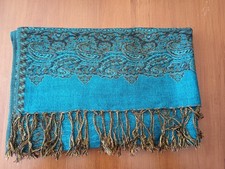 REVERSIBLE TURQUOISE SCARF/SHAWL/WRAP  Pashmina Border Paisley With Fringe