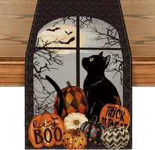 Artoid Mode Black Cat Pumpkins Boo Halloween Table Runner, Trick Or Treat Season