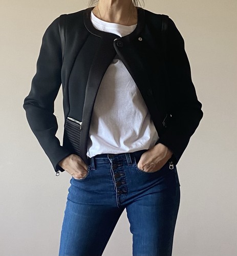 NWT Sandro Paris Sz 36 Small Black Moto Tuxedo Jacket Asymmetric Front Blazer - Picture 2 of 12